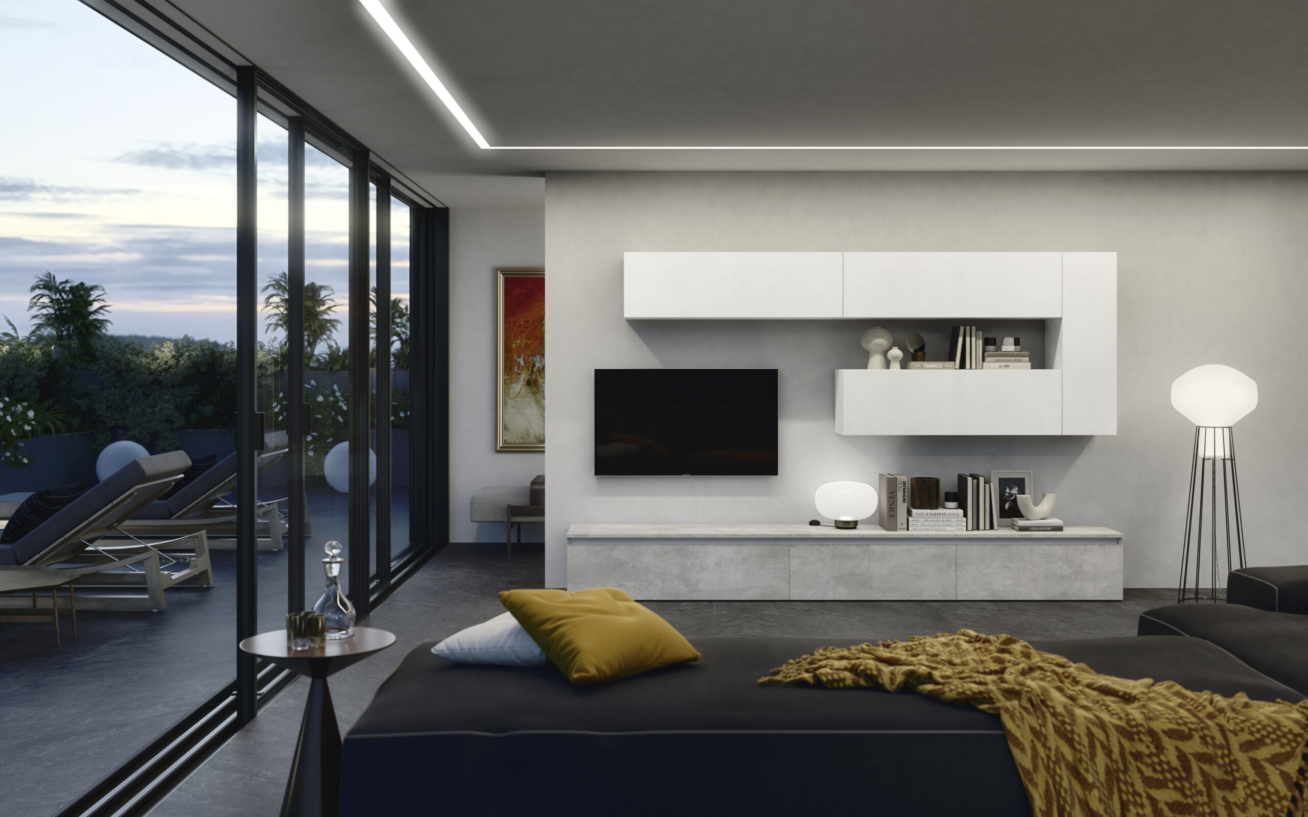 Parete attrezzata SUPREME City con finitura cemento e olmo chiaro